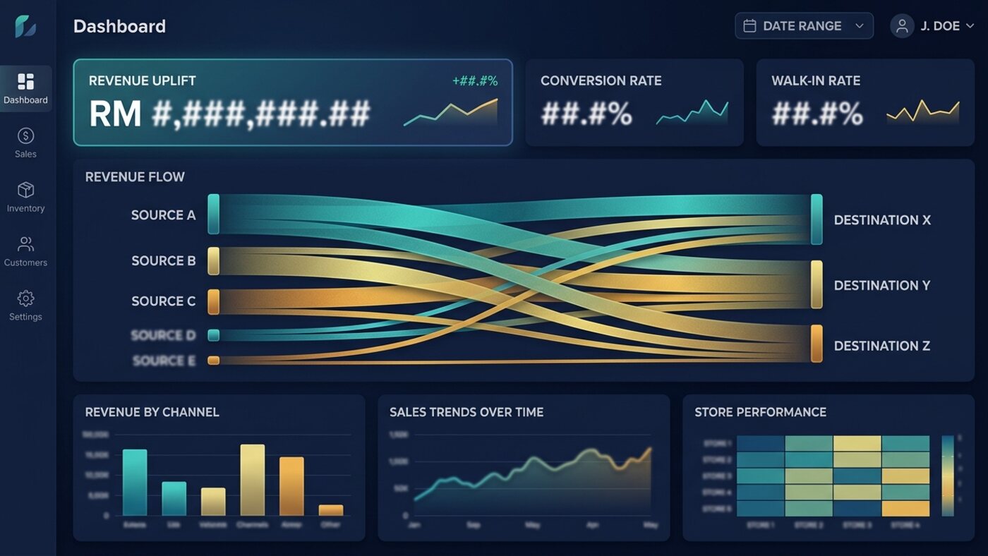 Stylised retail intelligence dashboard showing video AI conversion rate and revenue flow visualisation.
