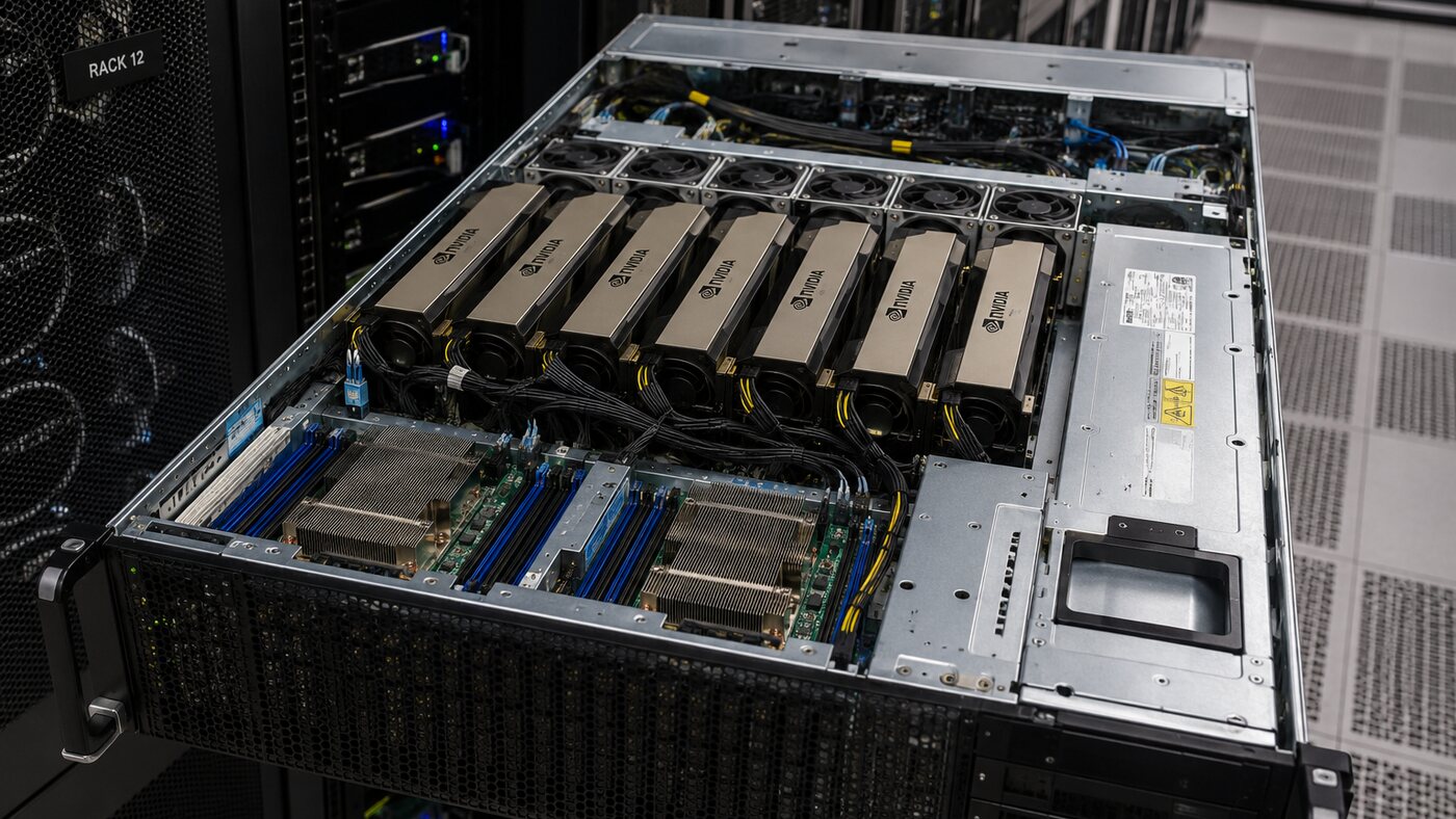 Close-up of NVIDIA GPU servers in a rack — illustrating the AI compute behind predictive analytics and AI forecasting.