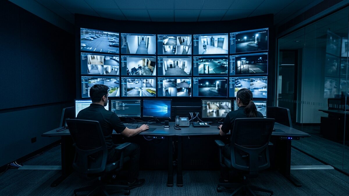 A pair of CCTV surveillance cameras mounted high against a clear sky — representing structured CCTV analysis at scale.