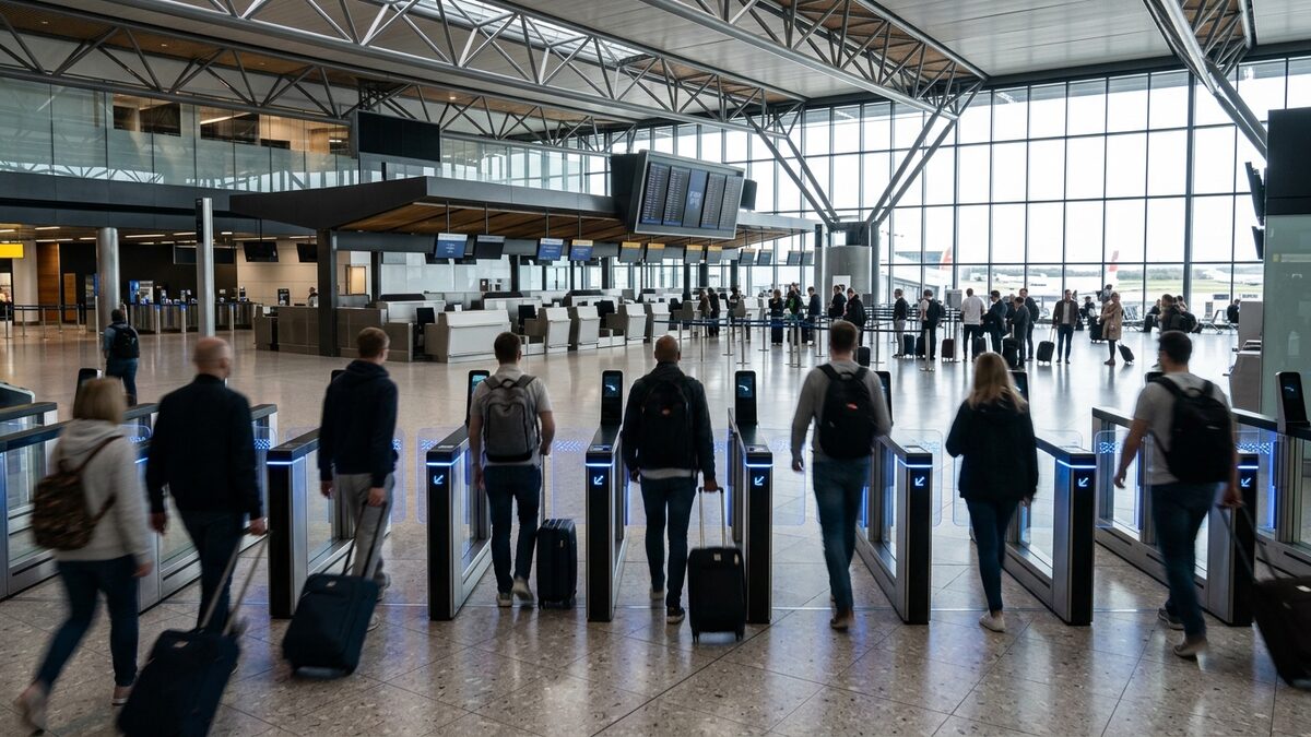Airport check-in concourse with travellers walking past LED-lit facial-recognition gates.