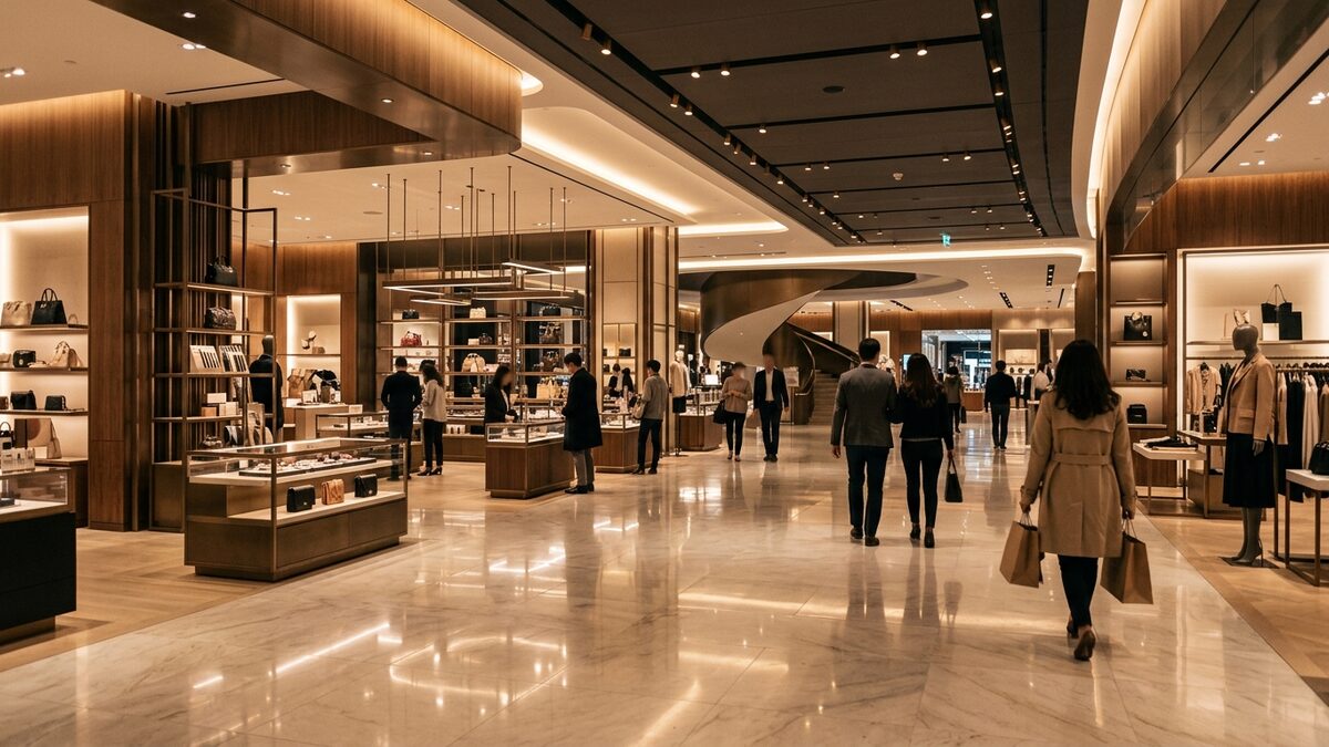 Premium retail store interior with customers walking through warmly lit aisles.