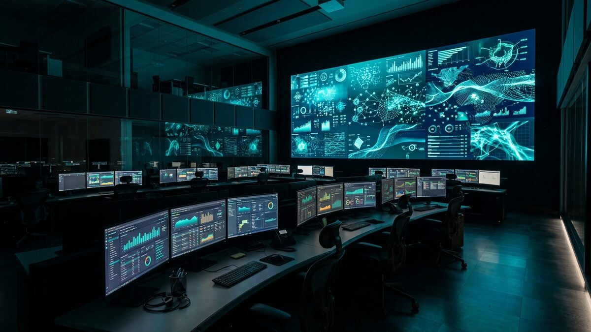Modern data-reconciliation control centre with glowing analytics screens.