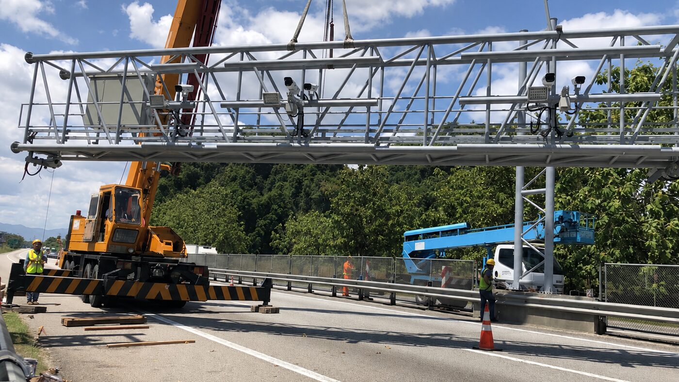 Harvs International engineering team commissioning a Traffic Control & Surveillance Systems (TCSS) installation on a highway tolling plaza.