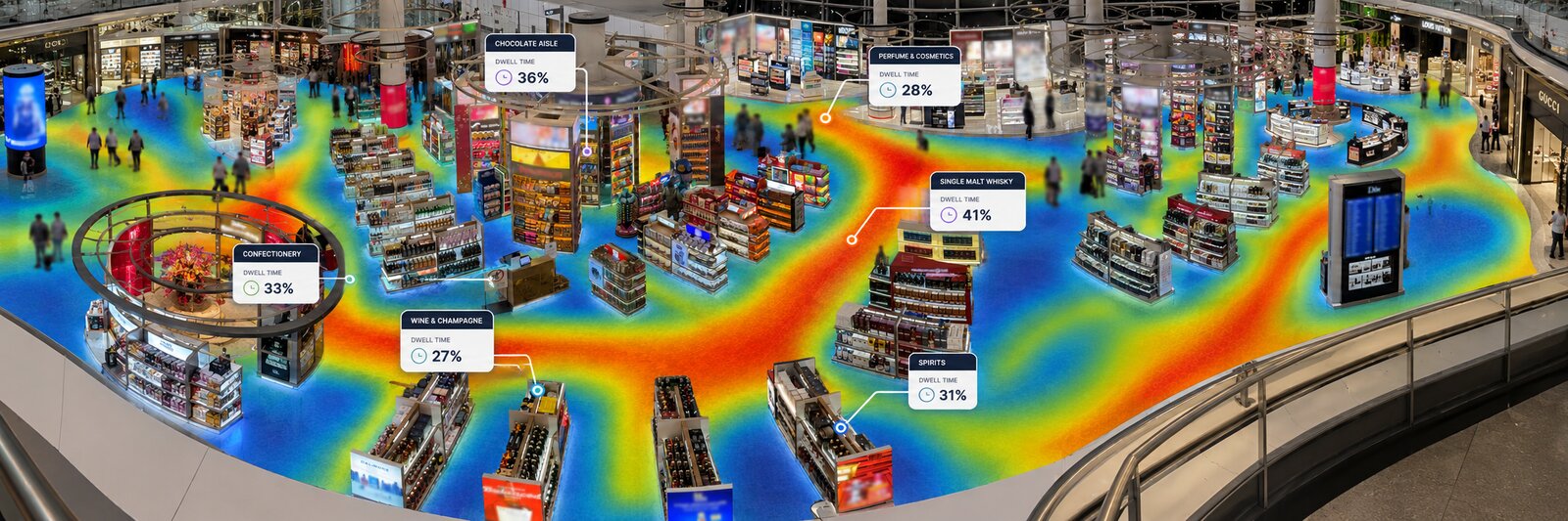 Retail dwell-time heatmap overlay derived from surveillance cameras, with per-zone dwell time percentages for chocolate aisle, perfume & cosmetics, single malt whisky, confectionery, wine & champagne and spirits.