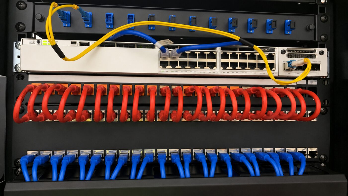 Server rack with neatly routed network cables, illustrating structured cabling and infrastructure work.