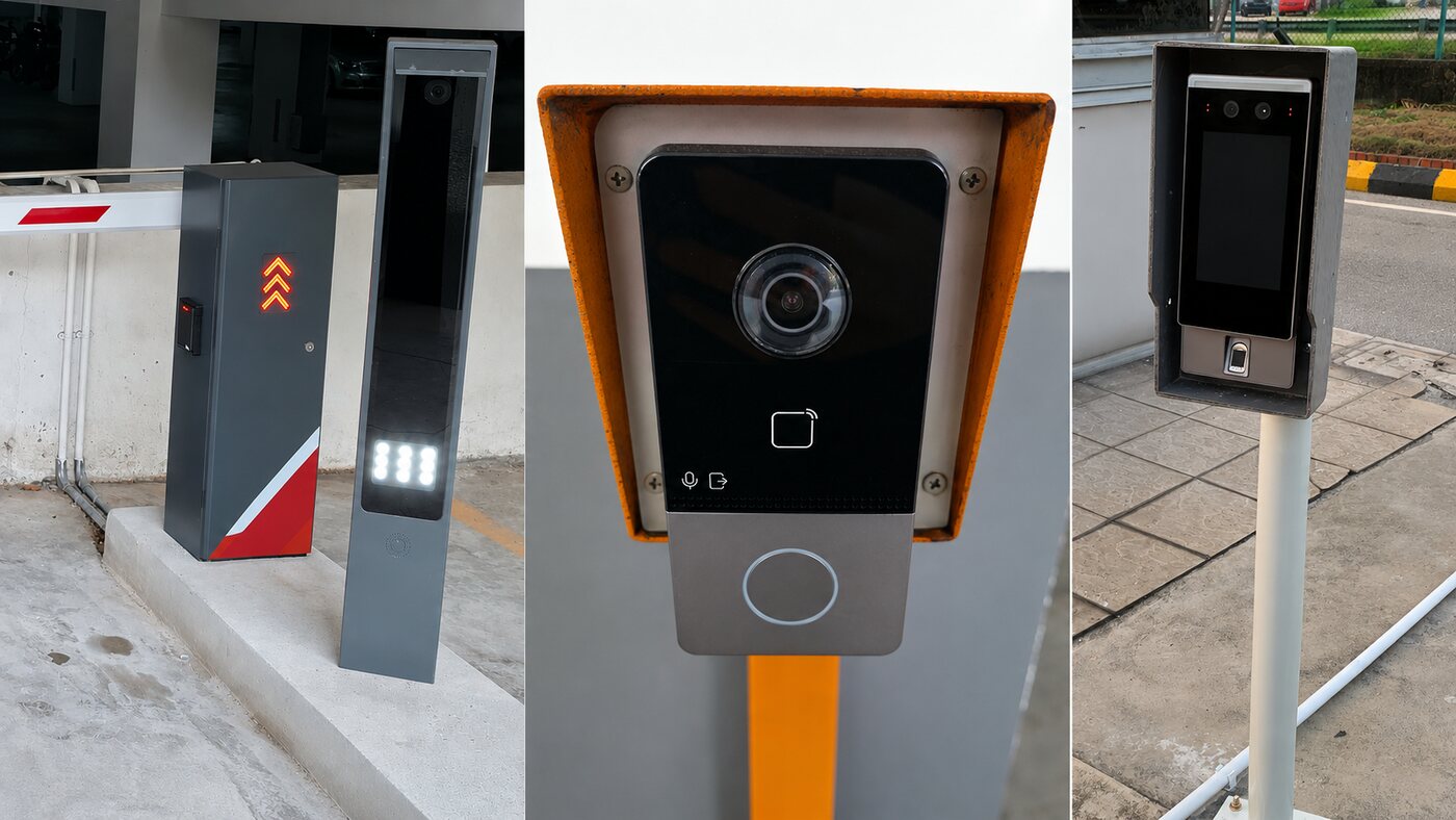 Composite of three Harvs International access-control installations: vehicle barrier with ANPR reader pole, video-intercom unit with embedded camera and card reader, and a stand-mounted facial-recognition &amp; fingerprint terminal.
