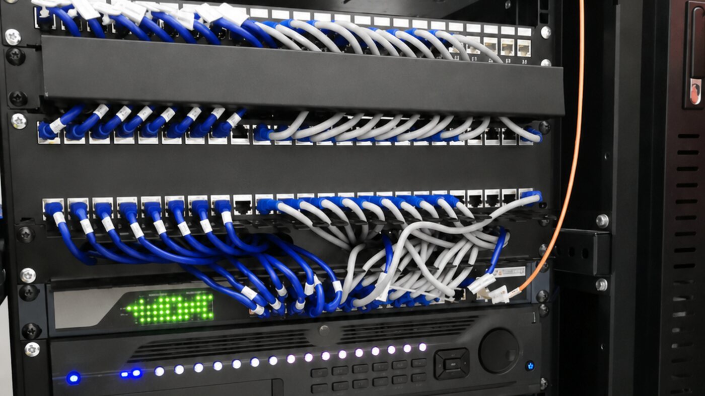 Enterprise network rack with neatly bundled blue and white CAT6 patch cables, NVR with blue LED indicators and an aggregation switch — Harvs Networking deployment.